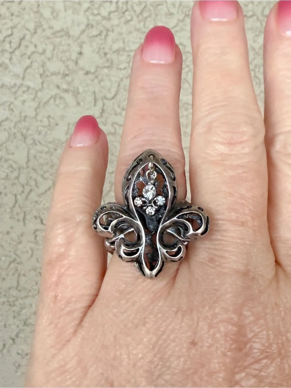 Fleur-de-Lis Silver Tone Statement Ring with Clear Dangling Stones